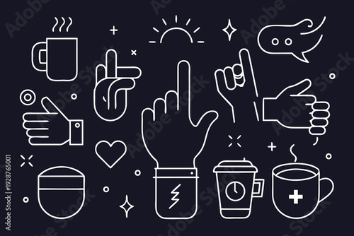 Human hand gestures and morning routine icons in white outline style on dark background set