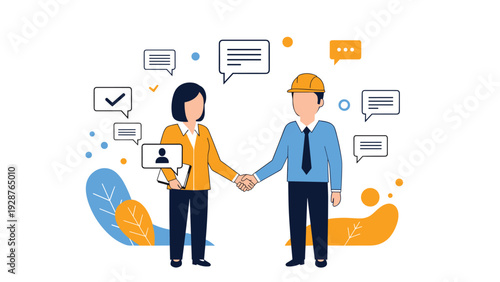 Professional businessman in a safety helmet and businesswoman shake hands to symbolize a successful partnership or deal.