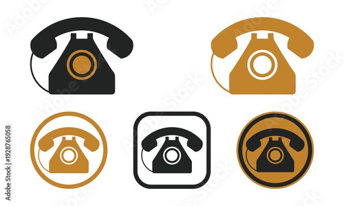 Vintage Telephone Icons Set: Black Outline, Gold Filled, Circle Square Frame Variants, Retro Call Vector Graphics
