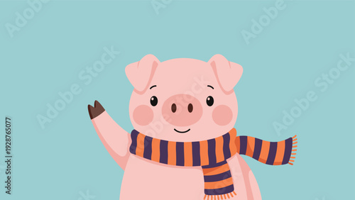Adorable pink pig character wearing a cozy orange and blue striped winter scarf waves with a friendly and happy expression.