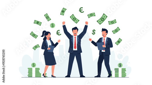 Successful business team members celebrating high profits and financial achievement as various banknotes and currency symbols rain down upon them.