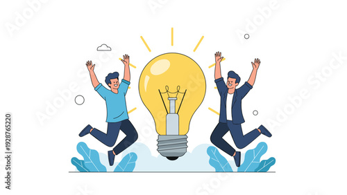 Happy and inspired young men jumping for joy in excitement next to a giant glowing light bulb symbolizing a successful and innovative idea discovery.