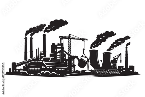 Steel Plant Silhouette, Vector Illustration, Isolated on White Background