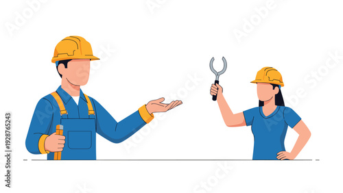 Professional male and female engineers wearing protective hard hats and industrial uniforms while holding tools for construction and work projects.