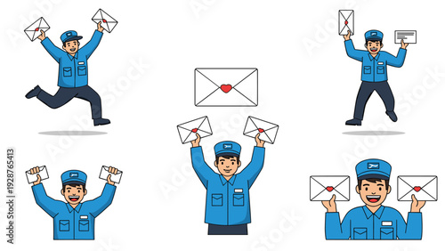 Extensive set of cheerful postman character illustrations in various active poses holding mail envelopes and jumping for joy in a blue uniform.