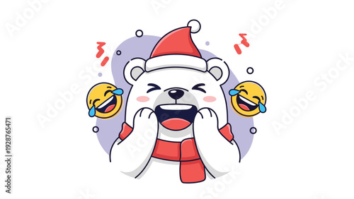 Hilarious polar bear character wearing a red Santa hat laughing out loud with joyful emojis against a festive winter themed purple background.