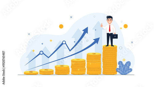 Successful businessman standing on the highest stack of gold coins giving a thumbs up gesture to represent financial growth and investment profit.