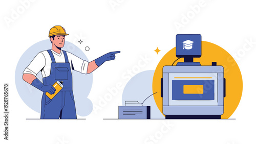 Professional industrial engineer in a yellow hard hat and blue overalls pointing towards modern manufacturing machinery in a clean factory setting.