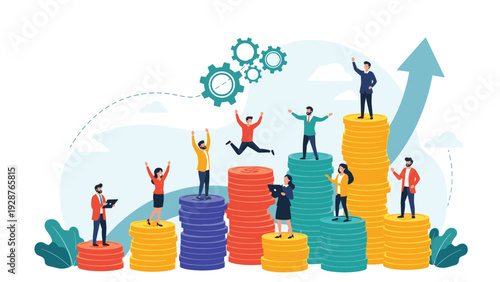 Successful business team members standing on top of colorful stacks of coins that represent financial growth, profit, and economic achievement.