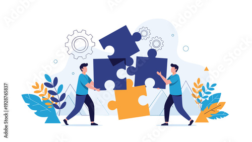 Collaborative team of two professional men working together to solve a complex problem by assembling large jigsaw puzzle pieces on a blue background.
