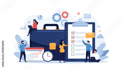 Team of business professionals managing various tasks and projects around a giant briefcase, calendar, and checklist for better organization.