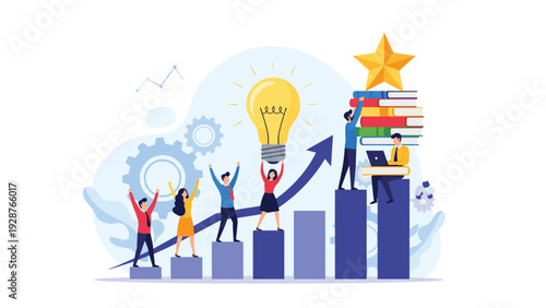 Collaborative business team achieving great success and innovation by building a foundation of knowledge and strategy toward a star goal.