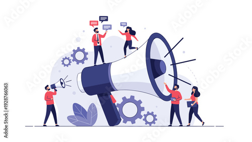 Powerful communication and public speaking concept featuring a giant megaphone with a team of active speakers and listeners sharing news.