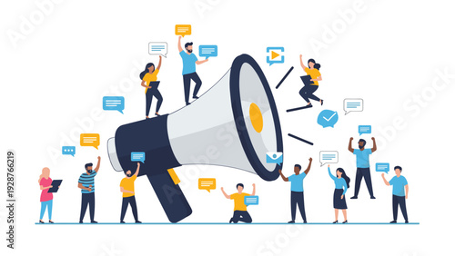 Diverse group of people standing around a giant megaphone sharing ideas and messages through social communication.
