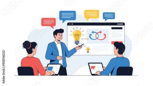 Professional presenting an innovative business idea and creative process to colleagues during a team meeting and collaborative brainstorming session.