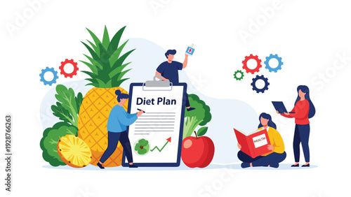Health conscious individuals working together to create a nutrition and diet plan surrounded by giant fresh fruits.