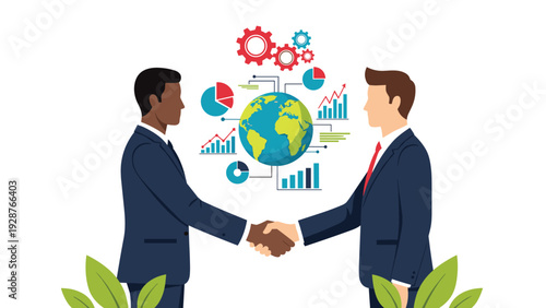Two professional businessmen shaking hands to seal a global partnership agreement with data charts and earth icon.