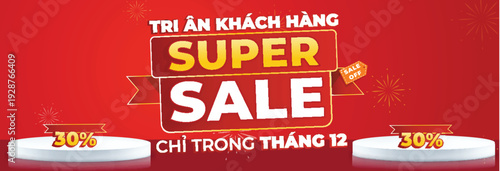 Super Sale Red Banner with Discount Podium and Festive Fireworks Background