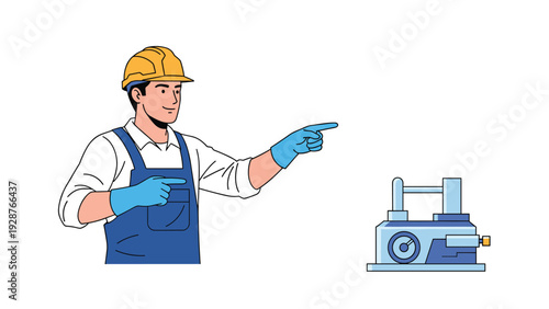 Professional industrial worker wearing a safety helmet and blue overalls pointing at a piece of factory machinery.