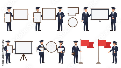 Collection of male graduates in gowns and caps holding various blank boards, signs, and flags for custom messages.
