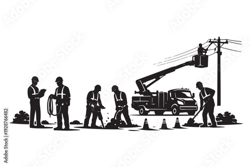 Urban Utility Workers Silhouette, Vector Illustration, Isolated on White Background