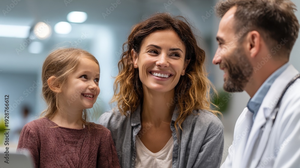 Obraz premium Joyful family at pediatrician s office speaking with caring young female doctor during routine check up
