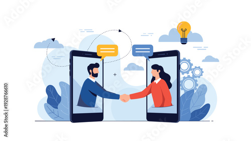 Two professional people shaking hands through smartphone screens to represent digital partnership and agreement.