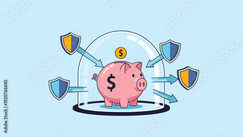 Financial savings protected by a glass dome and several security shields representing safe investment strategies.