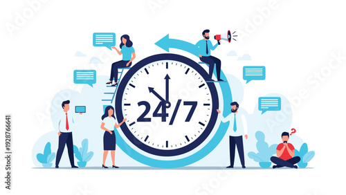 Team of workers providing around the clock support around a giant clock face displaying a twenty four seven message.