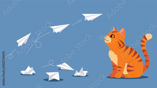 Curious orange tabby cat sitting on the ground and watching white paper airplanes fly across a blue background.