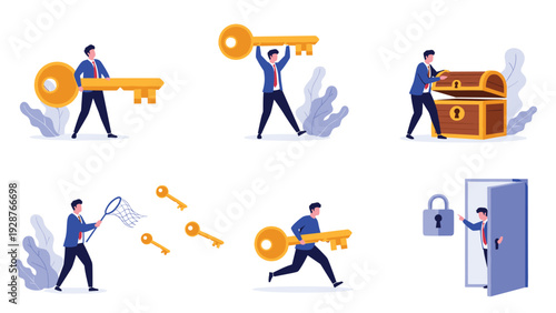 Business professionals using giant golden keys to unlock success, treasure chests, and new business opportunities.