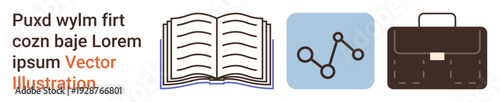 Education, data analysis, career growth, professional tools, knowledge sharing, productivity. Open book, chart and briefcase in separate panels. Education and data analysis conceptual