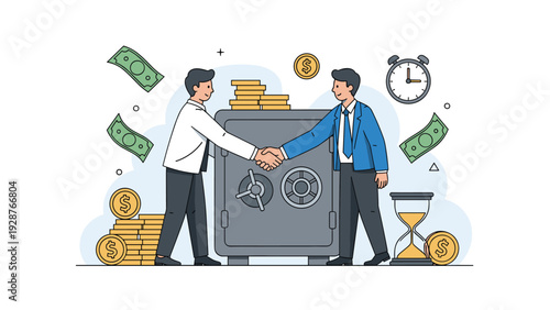 Two professional men shaking hands in front of a large metal safe with falling green money and golden coins.