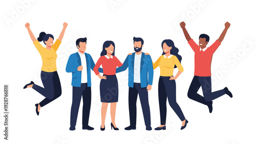 Diverse group of young people celebrating success together with some jumping for joy and others posing for the camera.