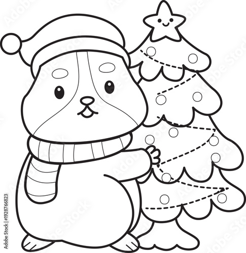 Coloring pages of Cute set of hamster sticker with christmas activity.  Outline of hamster 