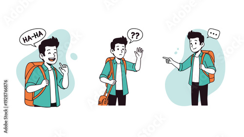 Set of three illustrations showing a young male traveler with an orange backpack laughing, waving, and pointing.