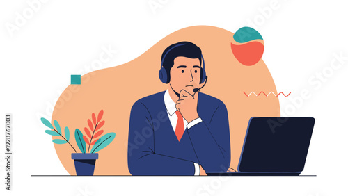 Male customer support operator wearing headset and business suit thinking while working on laptop in modern office.