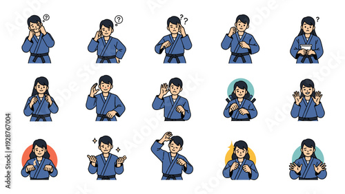 Extensive set of diverse characters wearing blue martial arts uniforms in various training poses and expressions.