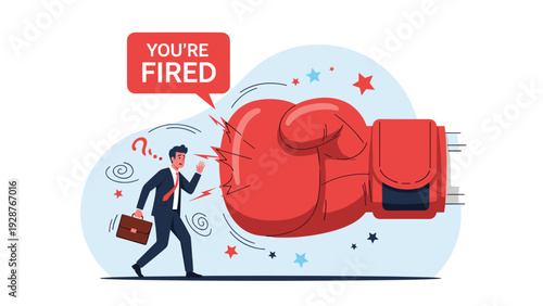 Stressed businessman carrying briefcase running away from giant red boxing glove with a you are fired speech bubble.
