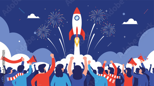 Crowd of people cheering and celebrating the successful launch of a space rocket with fireworks in starry night sky.