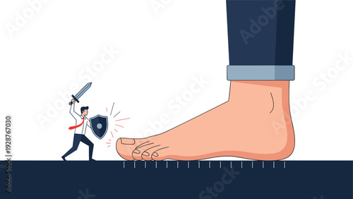 Brave businessman with sword and shield defending himself against a giant human foot stepping on him on dark ground.