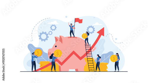 Tiny people saving money and growing wealth together with giant pink piggy bank and increasing profit chart arrow.