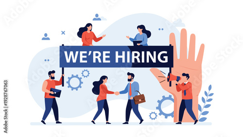 Group of business people holding we are hiring banner and shaking hands for recruitment and job vacancy concept.