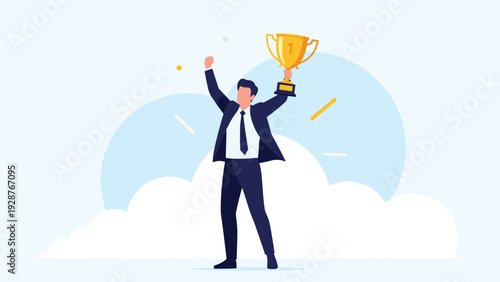 Successful businessman character in suit holding gold trophy cup and cheering against clouds and blue sky background.