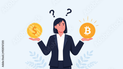 Concerned businesswoman weighing options and choosing between traditional dollar currency and digital bitcoin cryptocurrency.