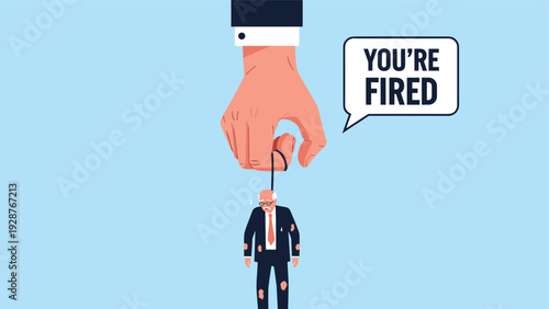 Giant hand dropping a stressed senior businessman with a you are fired speech bubble for unemployment concept.