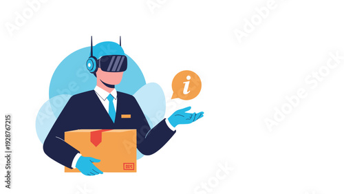 Modern courier wearing virtual reality goggles and headset holding cardboard box for innovative delivery service concept.