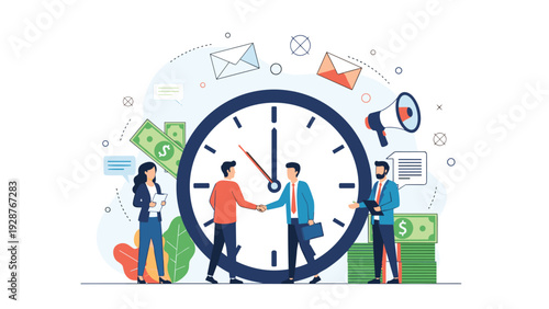 Businessmen shaking hands for a successful deal against a giant clock with money and megaphone for urgency and profit.