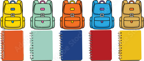 Colorful school backpacks and spiral notebooks set, flat vector illustration of educational supplies collection isolated on white background for back to school concept