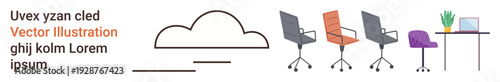 Office furniture, workplace organization, interior design, modern workspace, seating solutions, graphic design. Series of chairs, desk with laptop plant and a cloud graphic. Office furniture